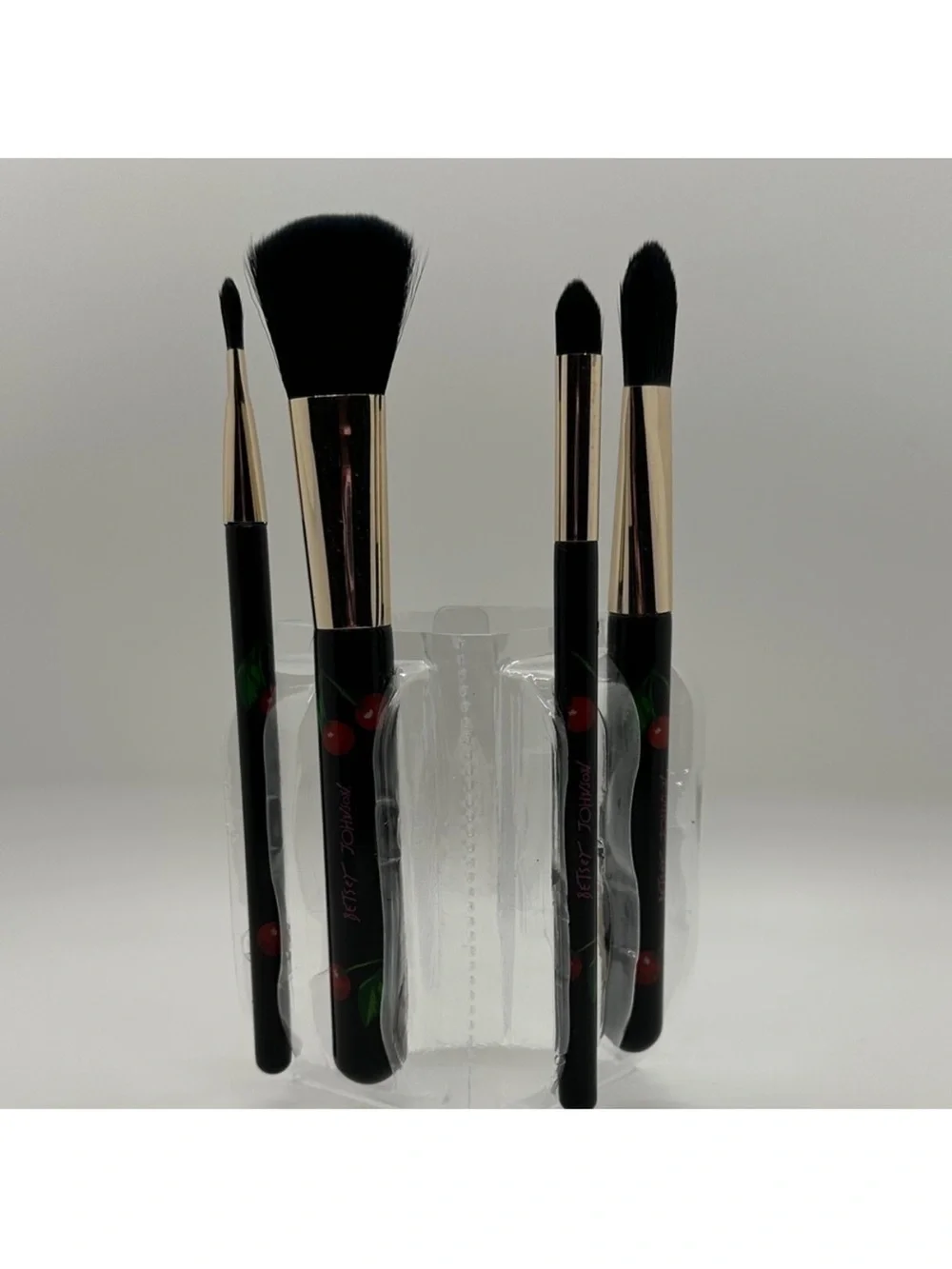 Betsey Johnson Cherry-Print 4-Piece Makeup Brush Set in Hot Pink & Black